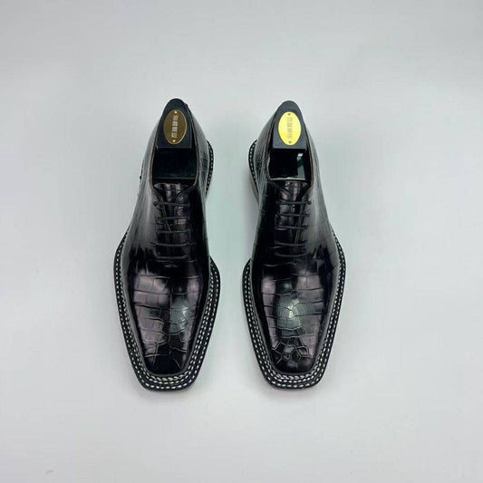 Crocodile Shoes Men's Crocodile Leather Norwegian Sewn Seam 4 Lines Sole Lace Up Dress Shoes Black