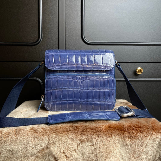 High Shiny Genuine Crocodile Skin Leather Cross Body Shoulder Bag Blue
