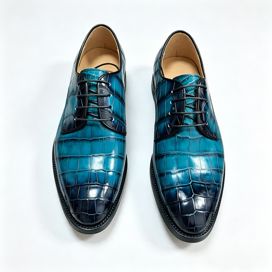 Crocodile Shoes, Men's Vintage Blue Crocodile Leather Lace Up Business Shoes