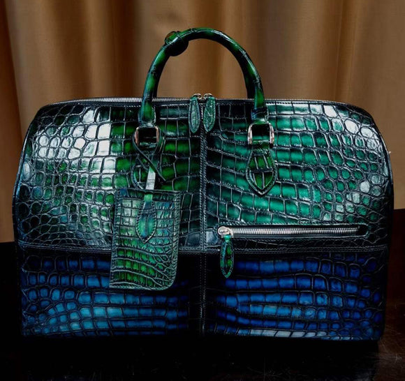 Unisex Vintage Green / Blue Color Crocodile Leather Travel Duffel Bag