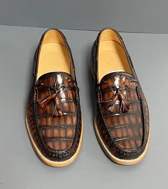 Crocodile Shoes Vintage Genuine Crocodile Skin Leather Classic Fashion Slip On Driving Loafers