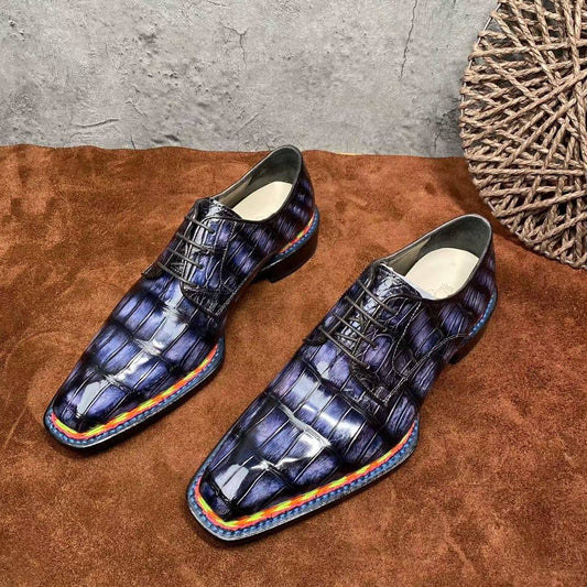 Preorder Crocodile Shoes Men's Crocodile Leather Norwegian Stitching Lace Up Dress Shoes Vintage Grey