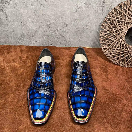 Crocodile Shoes Men's Crocodile Leather Norwegian Stitching Lace Up Dress Shoes Vintage Blue