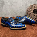 Men's  Crocodile Leather  Norwegian Stitching Lace Up Dress Shoes Vintage Blue