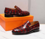 Men's Crocodile Leather Loafers Slip-On Dress Shoes Vintage Red