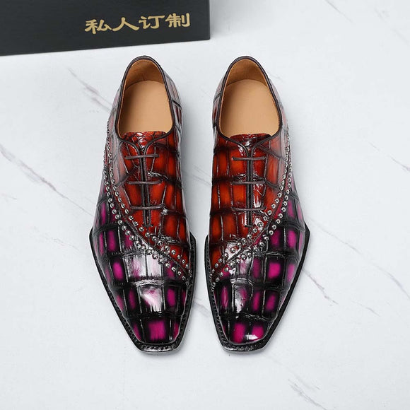 Men's Crocodile Leather Shoes Lace Up Shoes Vintage Brown & Pink