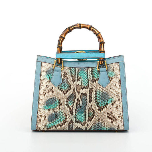 Womens Python Leather & Ostrich Leather Bamboo Bag Small Top Handle Cross Body Handbag