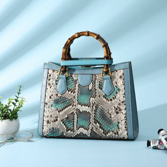 Womens Python Leather & Ostrich Leather Bamboo Bag Small Top Handle Cross Body Handbag