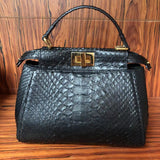 Womens Large Python Leather Bag Bamboo Top Handle Cross Body Handbag