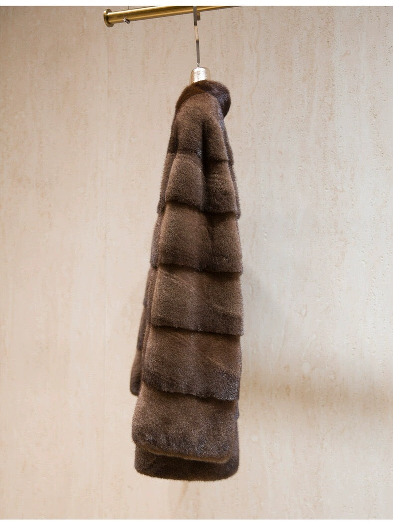 Women's Real Whole Mink Fur Coat,V-Neck Horizontal Panel Mink Jacket