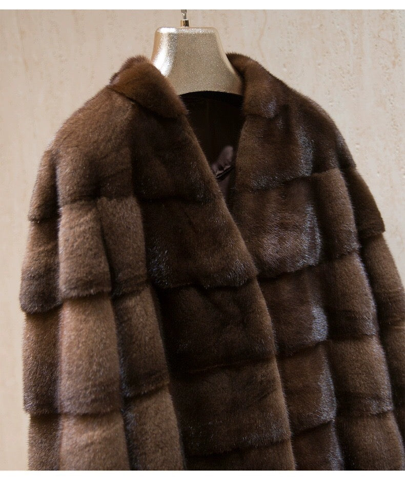 Women's Real Whole Mink Fur Coat,V-Neck Horizontal Panel Mink Jacket