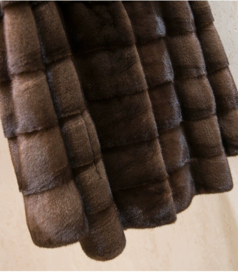 Women's Real Whole Mink Fur Coat,V-Neck Horizontal Panel Mink Jacket