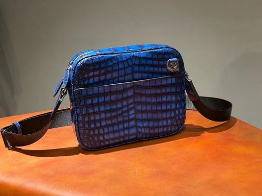 Unisex Crocodile Leather Crossbody Shoulder Bag Vintage Blue