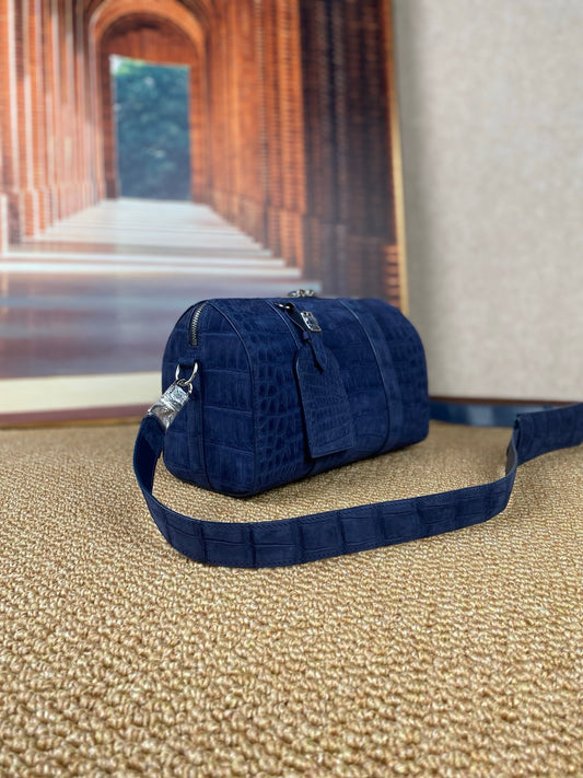 Men's Nubuck Crocodile Leather Crossbody Bag Blue