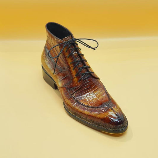 Crocodile Shoes, Men's Norwegian Vintage Tan Lace Up Boots