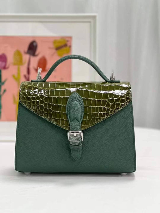 Womens Top Handle Bag Togo Leather / Shiny Himalaya Green Crocodile Skin Silver Hardware