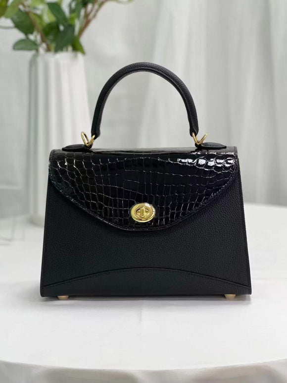 Womens Top Handle Bag Togo Leather  / Shiny Black Crocodile Skin Leather Gold Hardware Rossie Viren