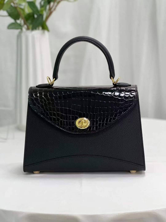 Womens Top Handle Bag Togo Leather / Shiny Black Crocodile Skin Leather Gold Hardware