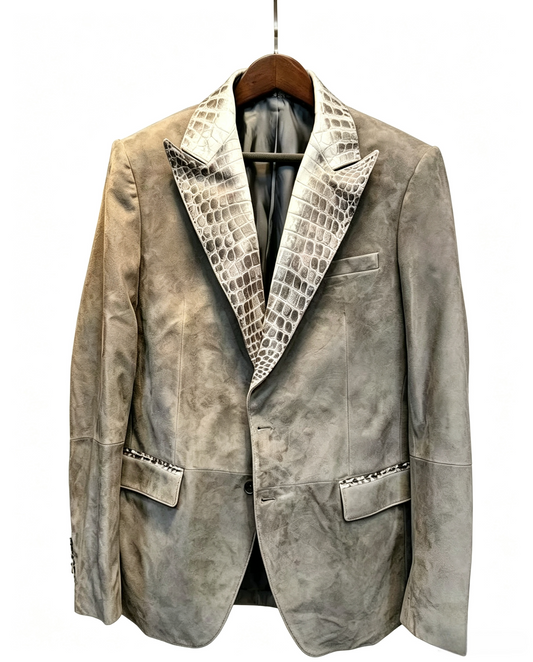 Stylish Unisex Suede Leather Suit Coat,Himalaya White Crocodile Leather Collar Blazer