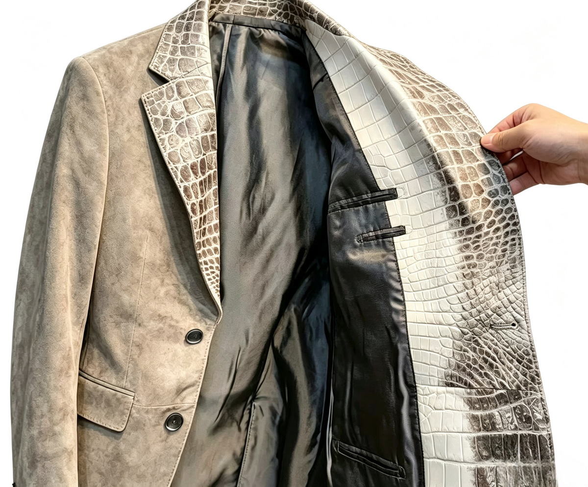 Stylish Unisex Suede Leather Suit Coat,Himalaya White Crocodile Leather Collar Blazer