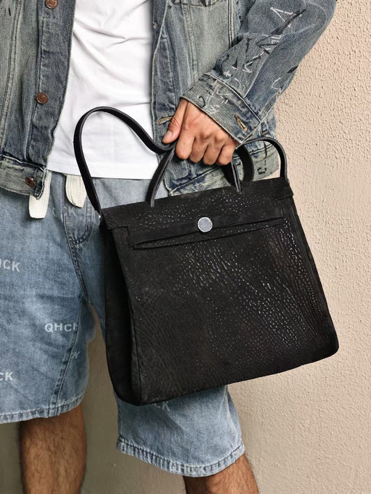 Genine Washed Cordovan Leather Briefcase Bag Black