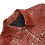 Crocodile Leather Jacket Zip Up Slim Fit Casual Trucker Coat Red
