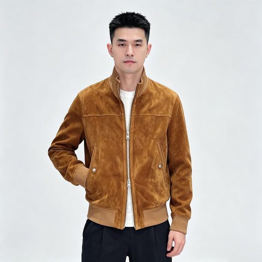 Mens's Suede Leather Zip-Up Bomber Jacket In Tan & Dark Brown