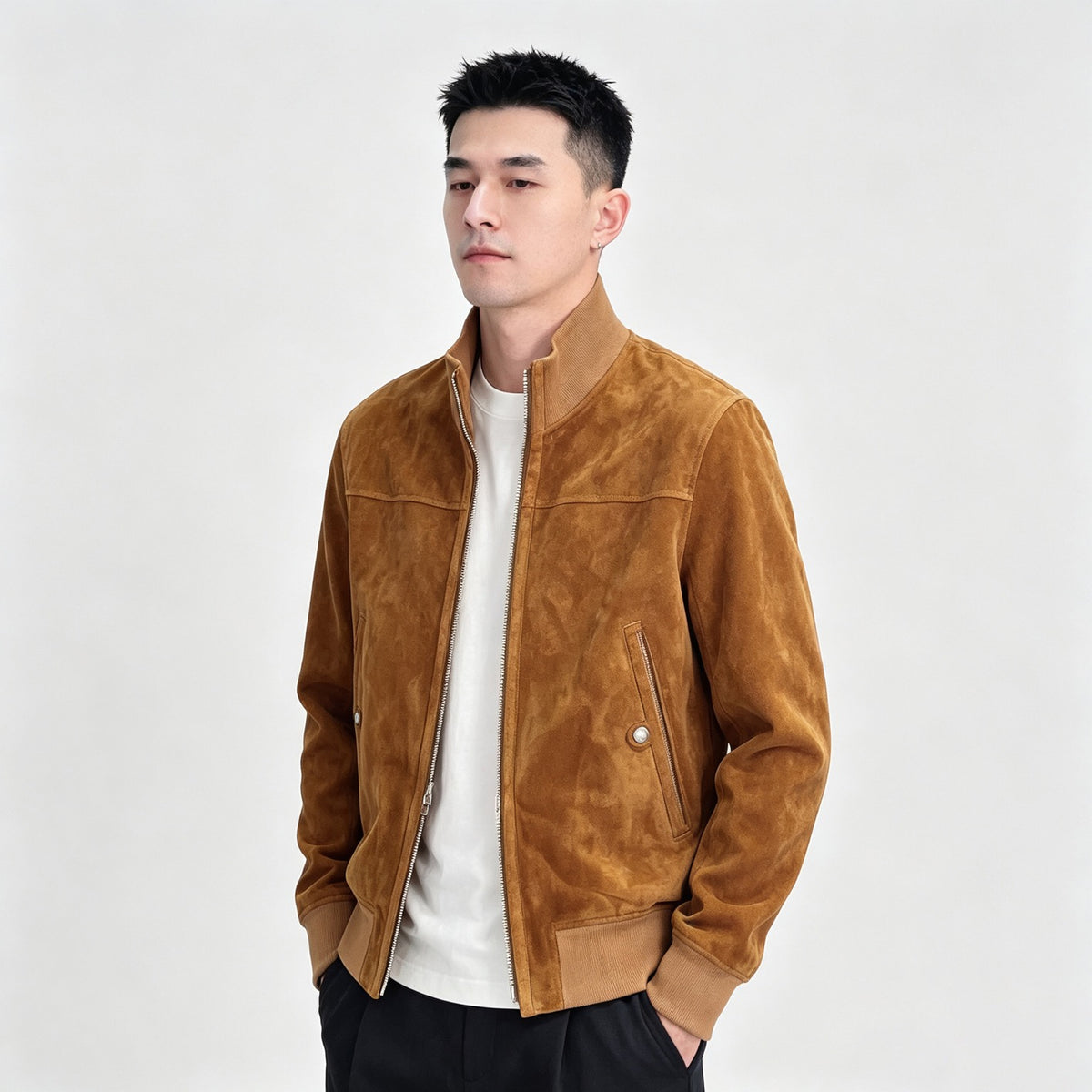 Mens's Suede Leather Zip-Up Bomber Jacket In Tan & Dark Brown