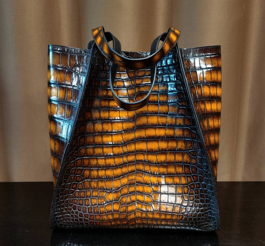 Borsa shopper tote in pelle di coccodrillo marrone vintage