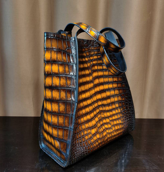 Borsa shopper tote in pelle effetto coccodrillo marrone vintage