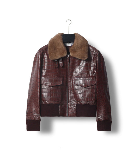 Unisex Crocodile Skin Leather Jacket With Removable Mint Fur Collar Biker Jackets