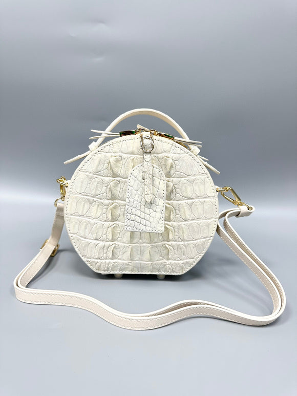 Womens Crocodile Bone Leather Handle Bag , Crocodile Skin Leather  Round Circle Apple Bag Himalaya White