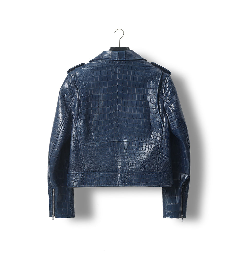 Womens Crocodile Leather BIiker Perfecto Jacket Blue