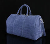 Men's Sanded Crocodile Leather Large Travel Duffle Bag Dark Blue