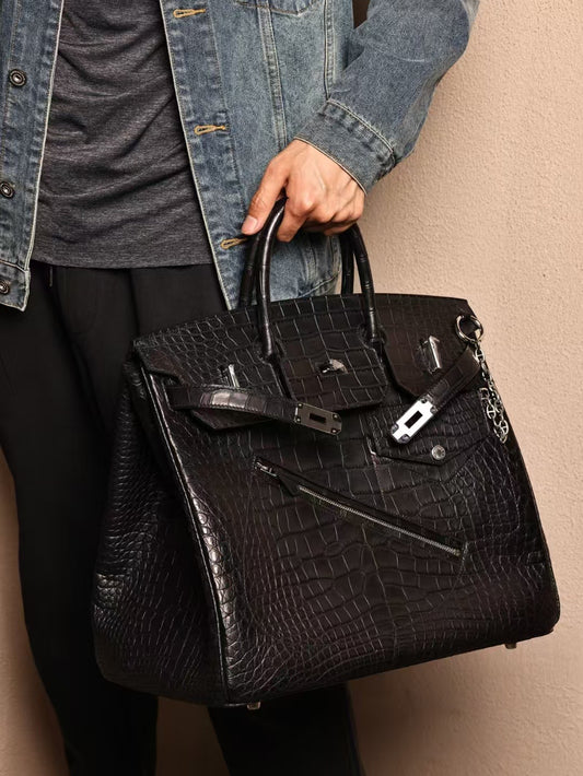 Men's Crocodile Leather Large Top Handle Bag Black