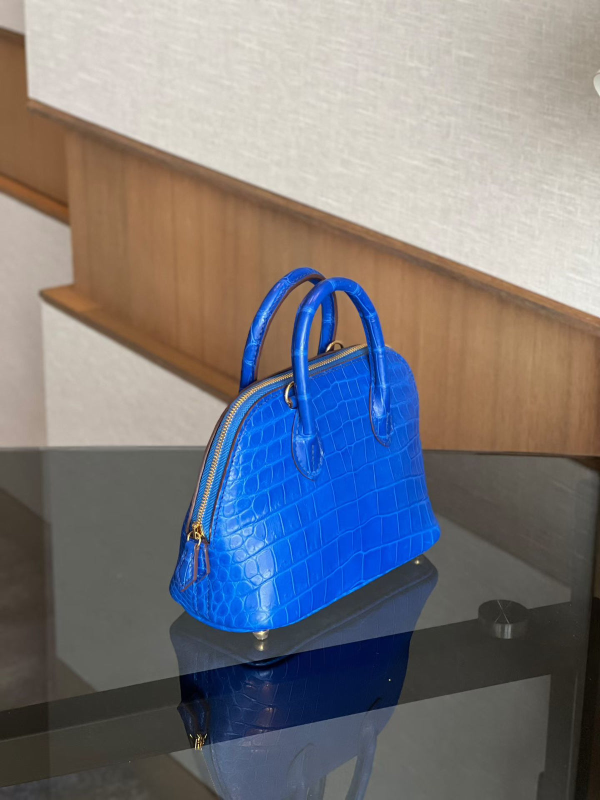 Womens Genuine Crocodile Skin Leather Cross Body Handle Bag Mini Blue