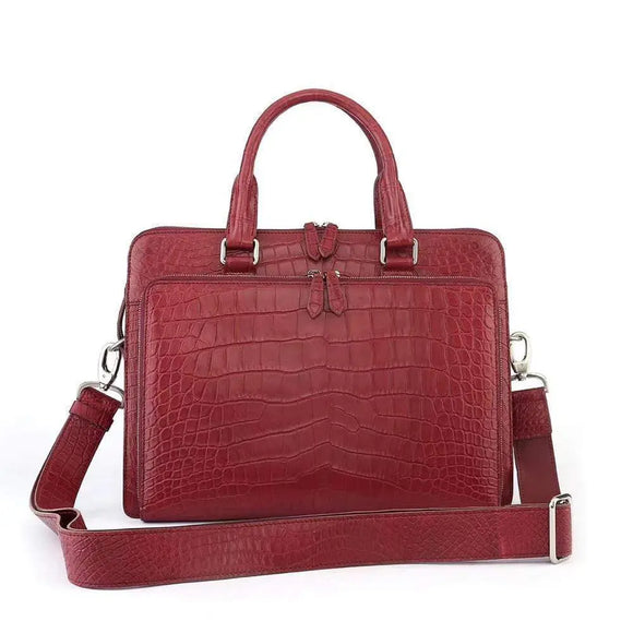 Men's Crocodile  Leather Briefcase with Front Zip Pocket Red
