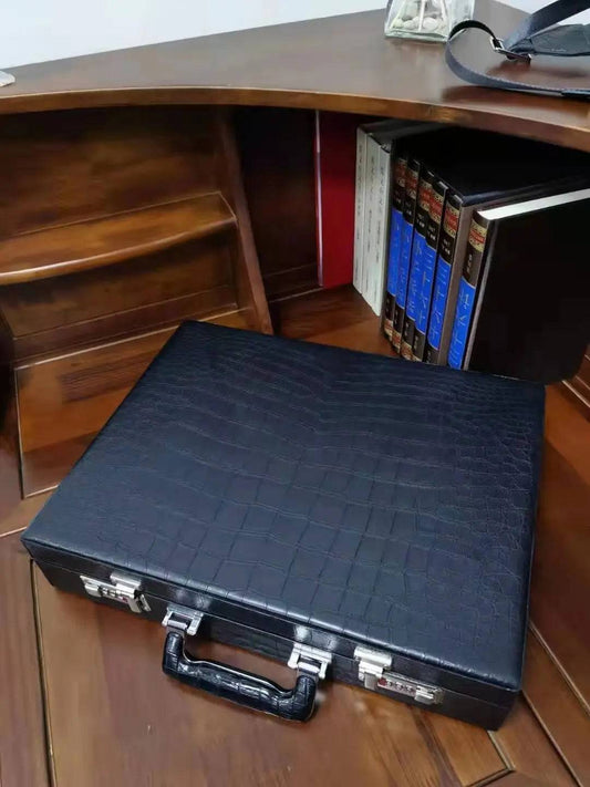 Men's Crocodile Leather Large Black Business Professional Attache Travel Case