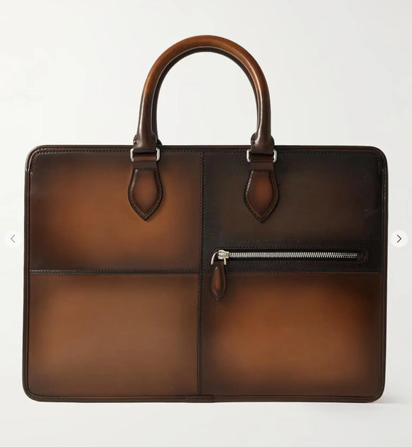 Preorder  Men's Vintage Brown  Color  Block Smooth Briefcase With Carry on Duffel Bag Trolley Sleeve 38508 Rossie Viren