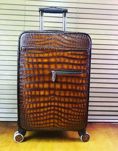 Retro  Brown Crocodile  Leather Trolley/Roll Aboard Suitcase Weekend/Travel Bag Trolley Case Universal Wheels 20-Inch