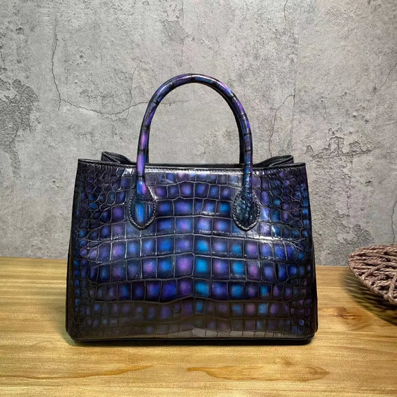 Vintage Genuine Crocodile Leather Top Handle Satchel Handbag Shoulder Bag Tote Purse Messenger Bags 30cm Multi Blue Rossie Viren