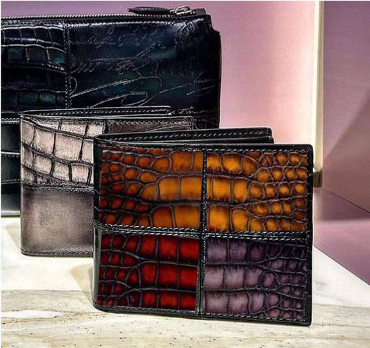 Preorder Men's Vintage Crocodile Skin Leather Patchwork Wallet