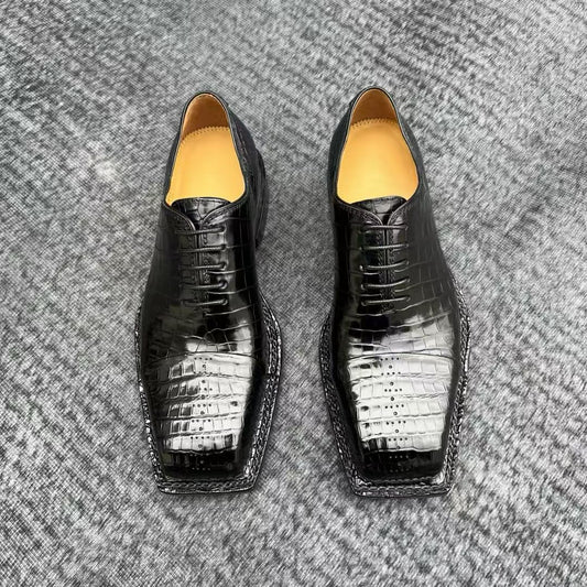 Genuine Crocodile Leather Square-Toe Classic Lace -Up Dress Shoes