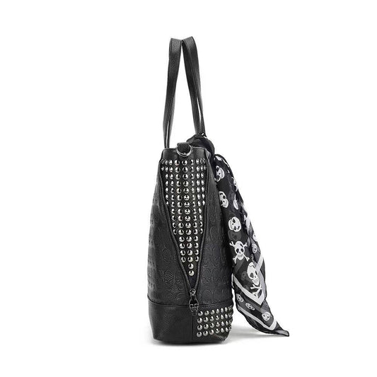3D Large Shopper Bag, Studded Embossed Skull Large Shopper Bag With Small Pouch & Scarf