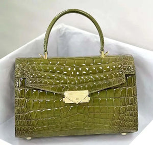 Women Shiny Himalaya Olive Green Beaded Crocodile Leather Top Handle Satchel Bag Rossie Viren