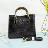Crocodile Skin Leather Bamboo Top Handle Bag