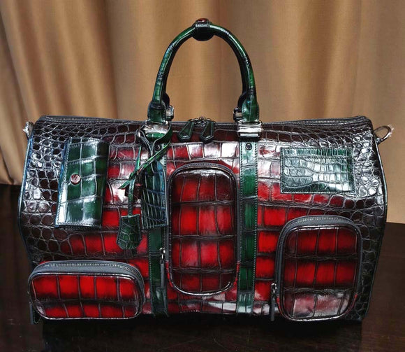 Genuine Crocodile Leather Large Duffel Bag Vintage Red