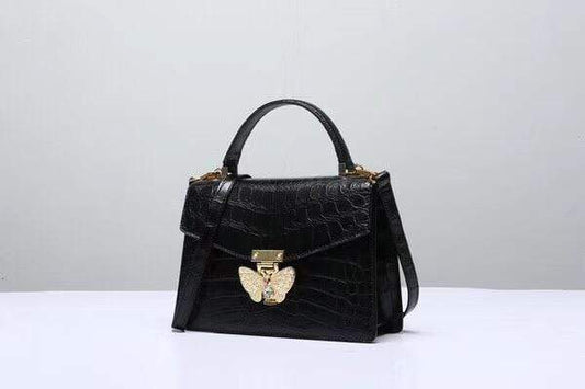 Genuine Crocodile Belly Leather Top Handle Cross Body Bag Black