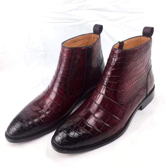 Preorder Customs Mans Handmade Lace Up Leather Ankle Boots Vintage Crocodile Belly Leather