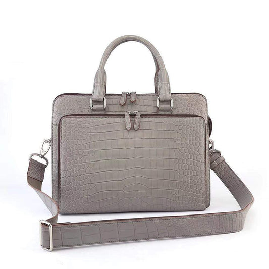 Preorder Men's Crocodile Leather Briefcase with Front Zip Pocket Dark Grey